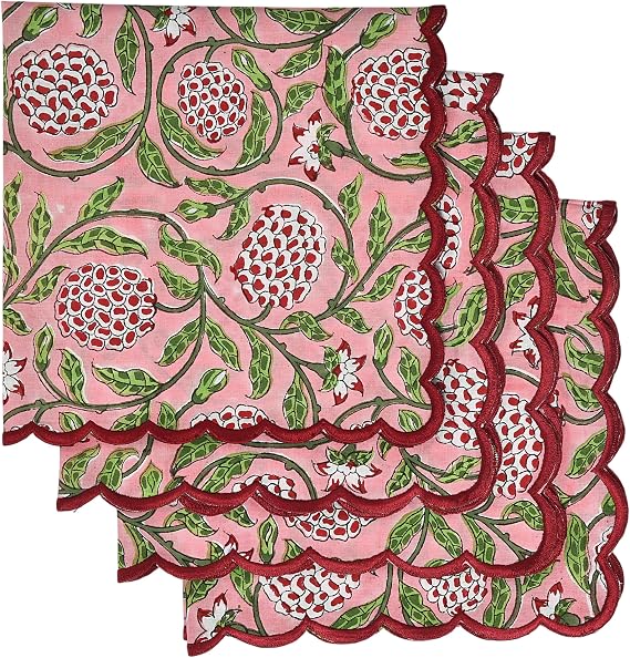 Strawberry pink hand block-print cotton napkins