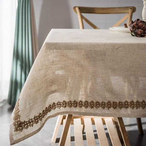 Rustic textured embroidered cotton linen tablecloth