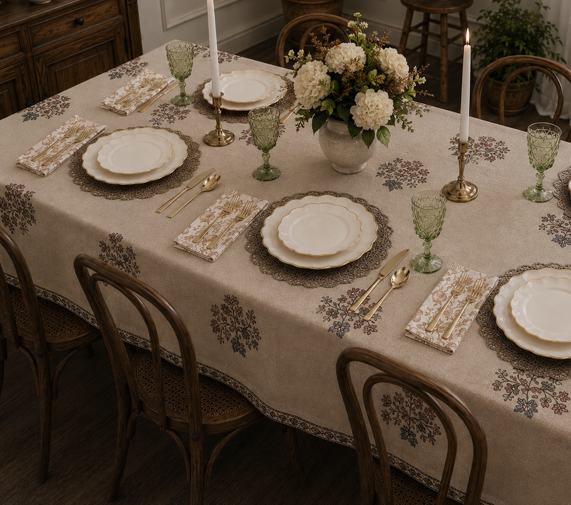 Soft block-print floral tablecloth with green glassware and gold accents