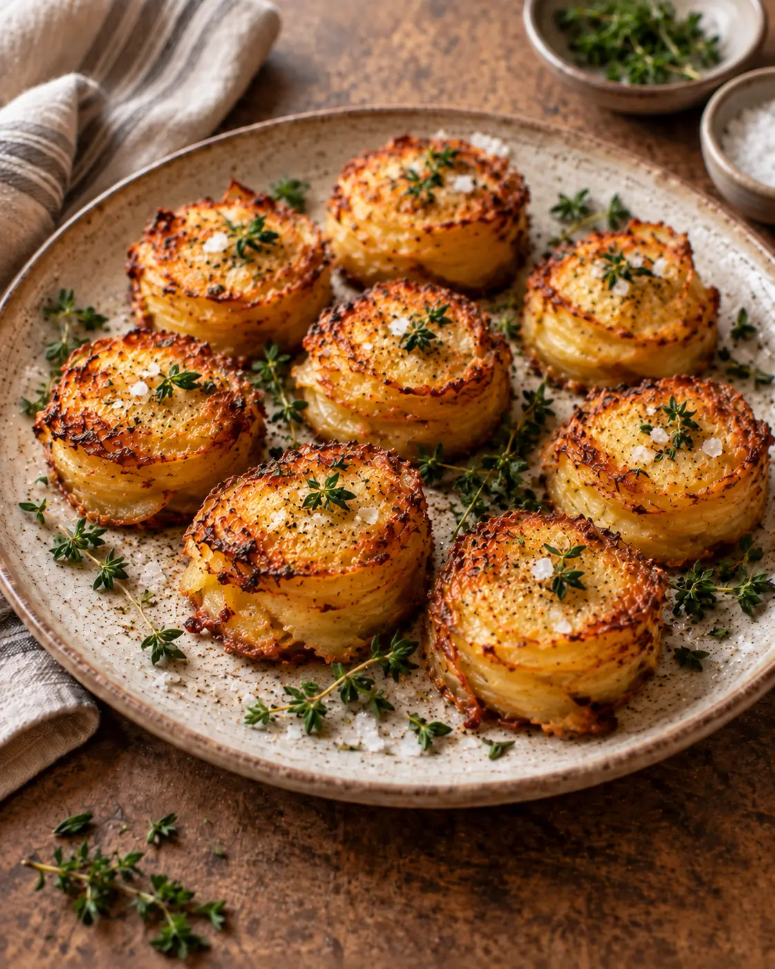 Golden individual crispy potato stacks finished with flaky salt and fresh thyme