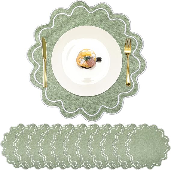 Round scalloped cotton linen placemats in sage green with white trim