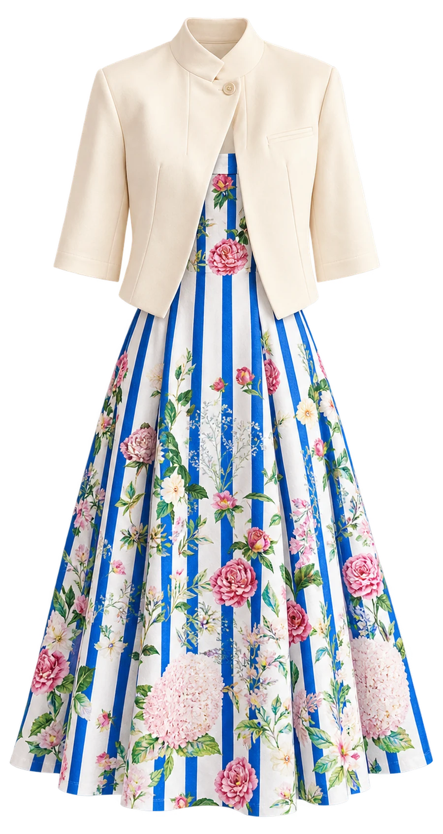 Cream cropped jacket over a blue-striped floral dress