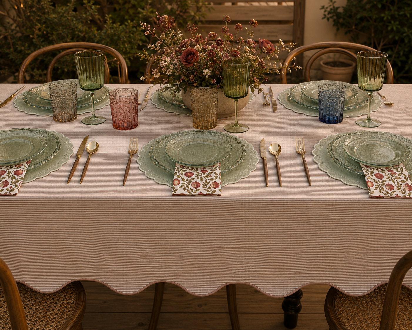 Table set with a neutral scalloped tablecloth and textured glassware in soft pastel tones