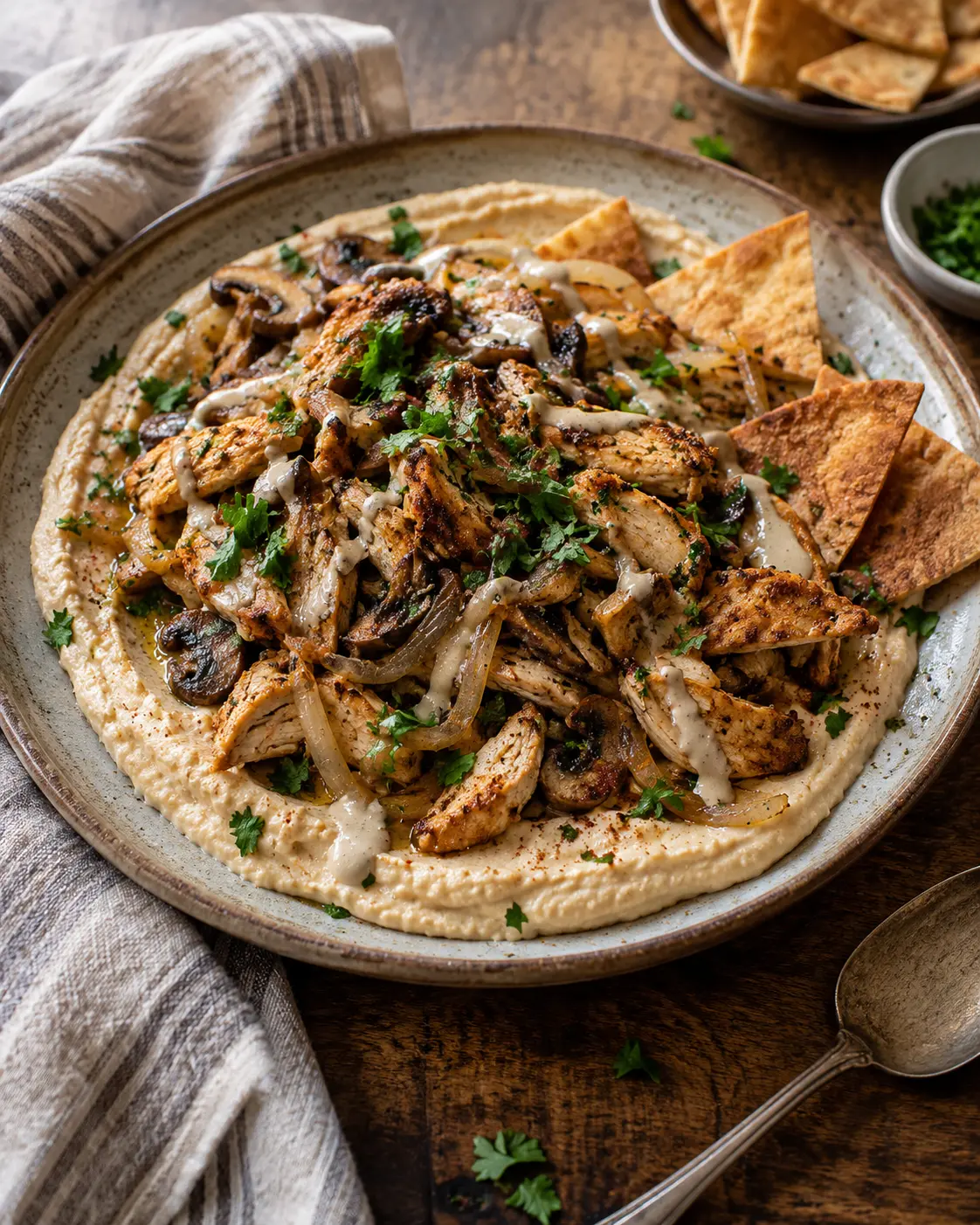 Shawarma chicken with onions and mushrooms piled over hummus with pita chips and parsley