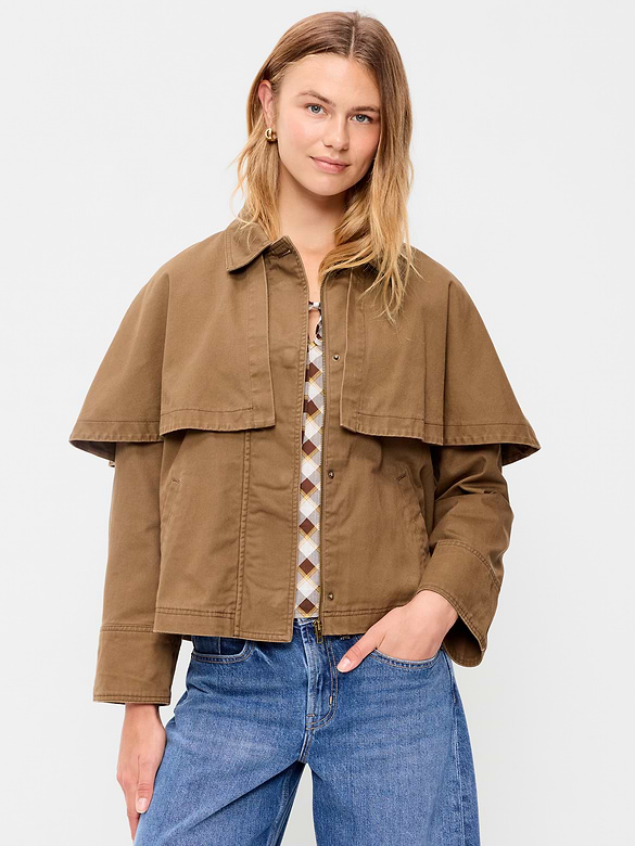 Twill Cape Jacket in tan with caped shoulders — Old Navy