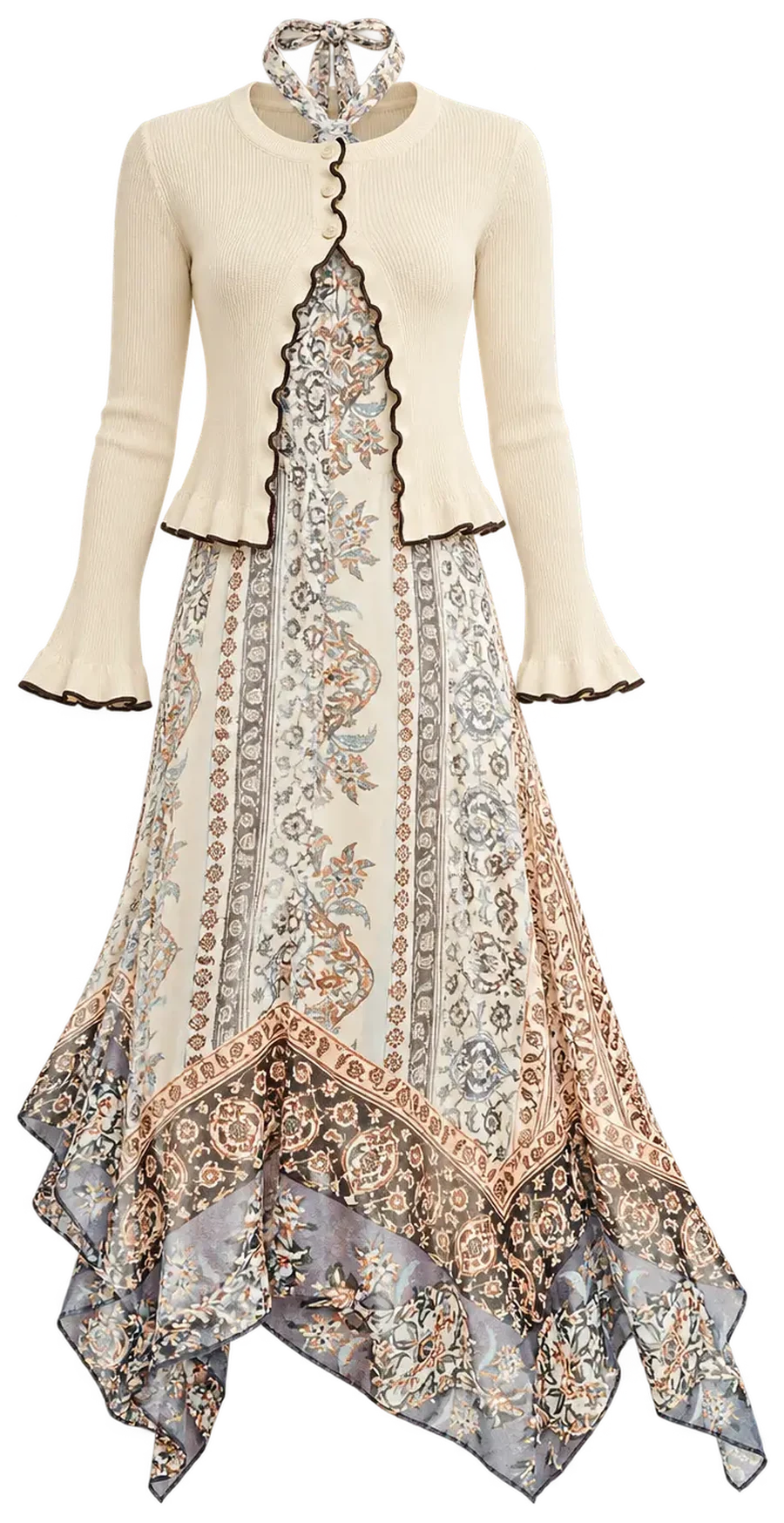 Cream frilled cardigan over a paisley print dress