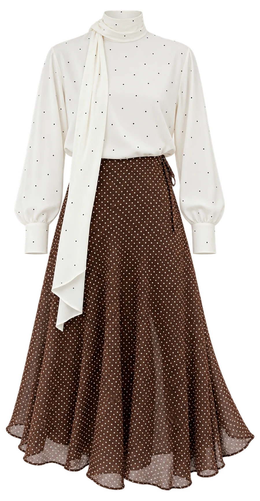Cream polka-dot blouse with a brown polka-dot skirt