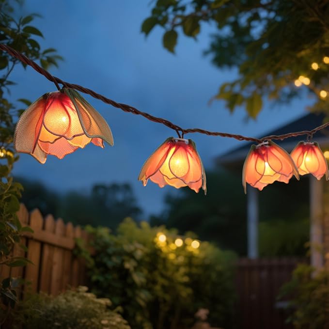 String lights with multicolor flower-shaped bulb shades