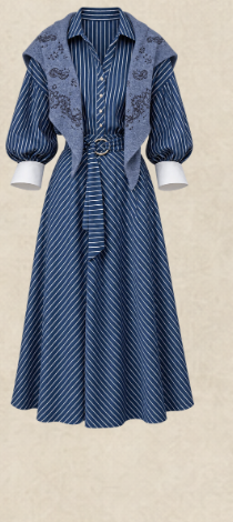 Zara striped belted midi dress laid flat with a paisley denim vest
