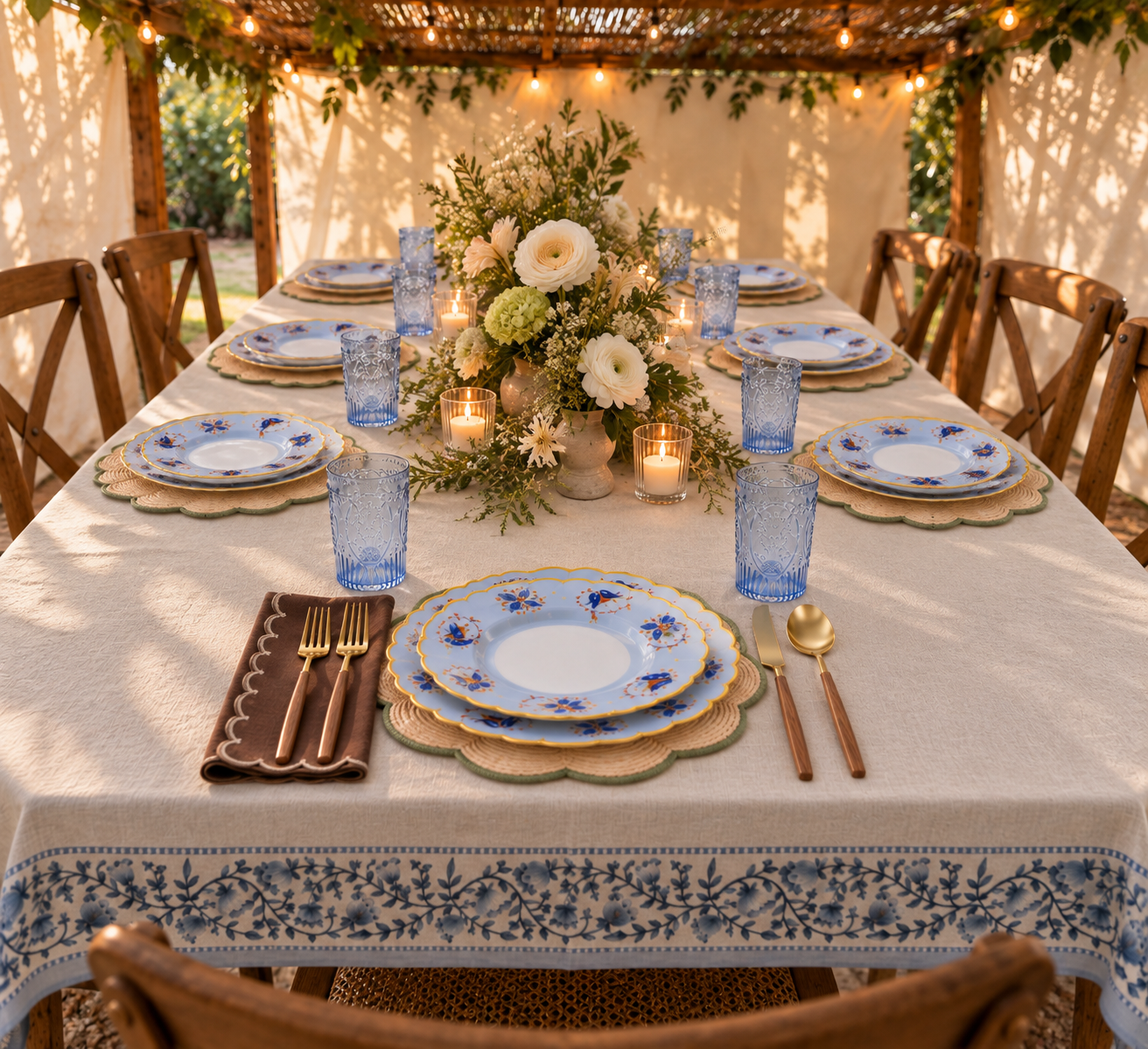 Blue floral Sukkos table with green scalloped placemats, chocolate napkins, blue glasses and wood-handled gold cutlery