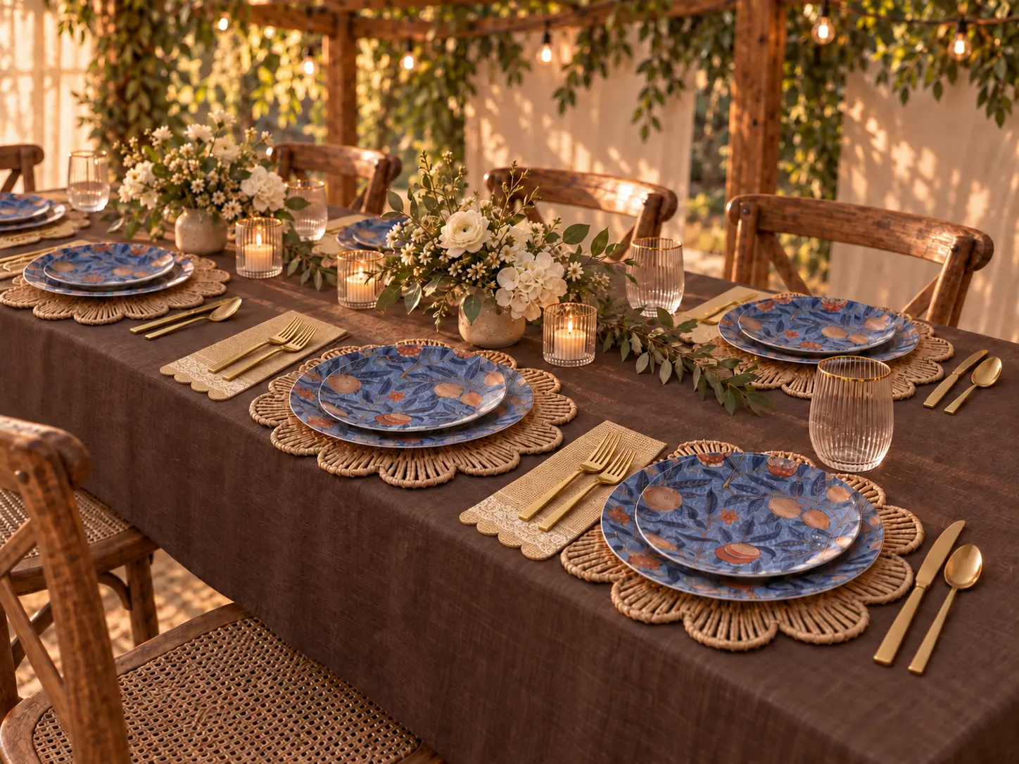 Brown linen Sukkos table with blue fruit-print plates, scalloped rattan placemats, lace napkins and gold cutlery