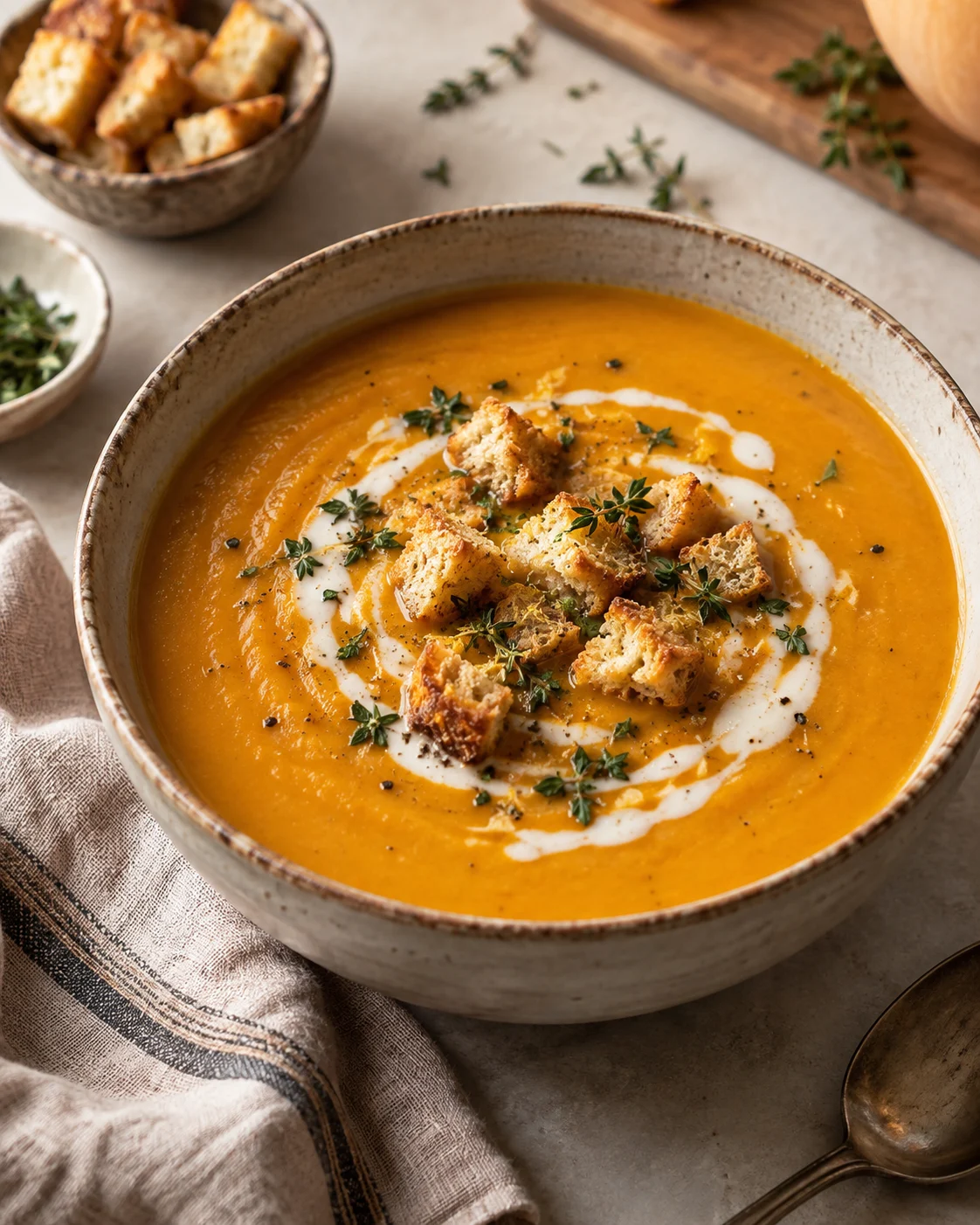 Ginger roasted orange vegetable soup with coconut cream, crunchy croutons and fresh thyme