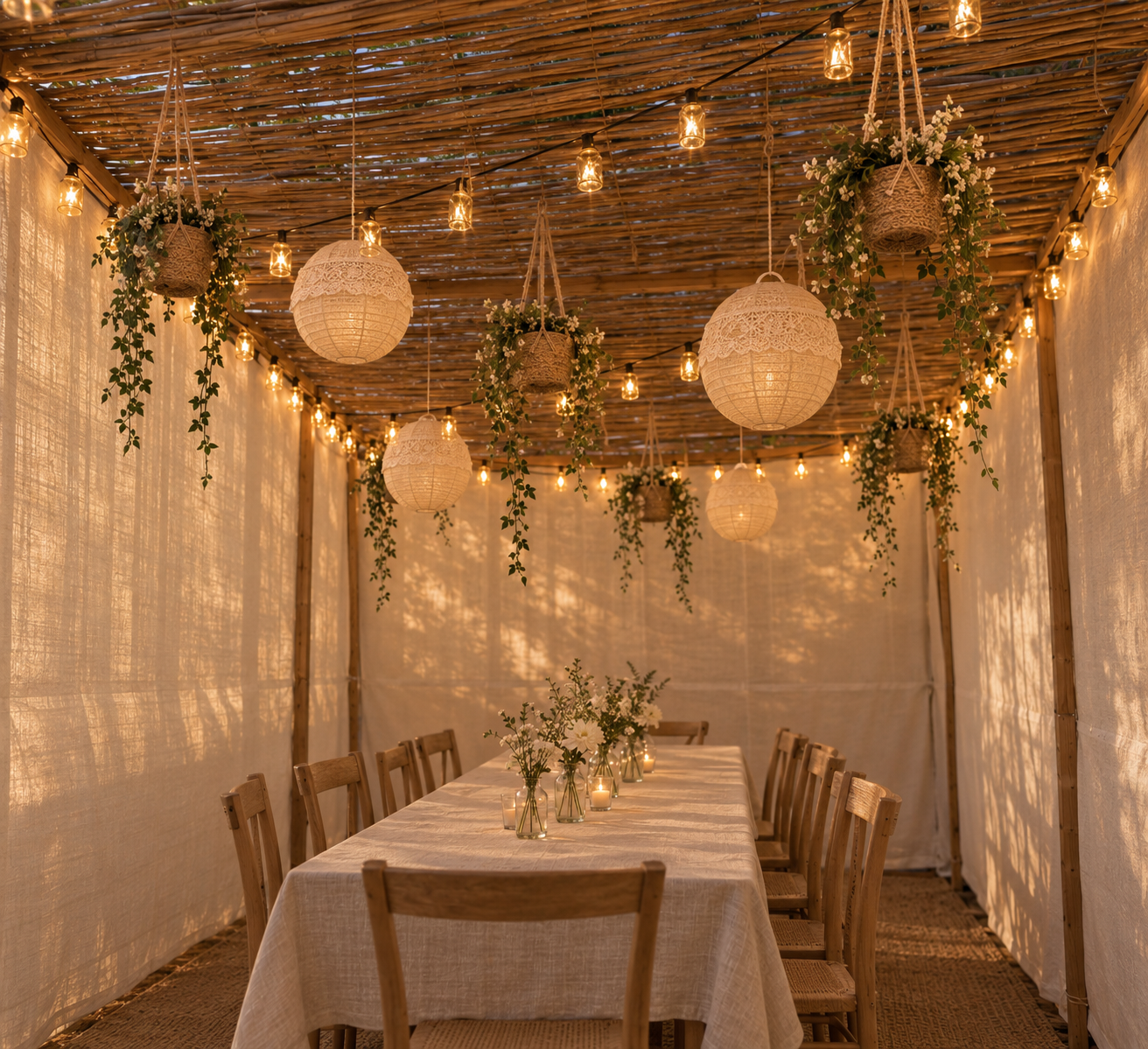 Warmly lit sukkah with paper lanterns, hanging greenery in woven baskets, string lights and a long linen-covered table