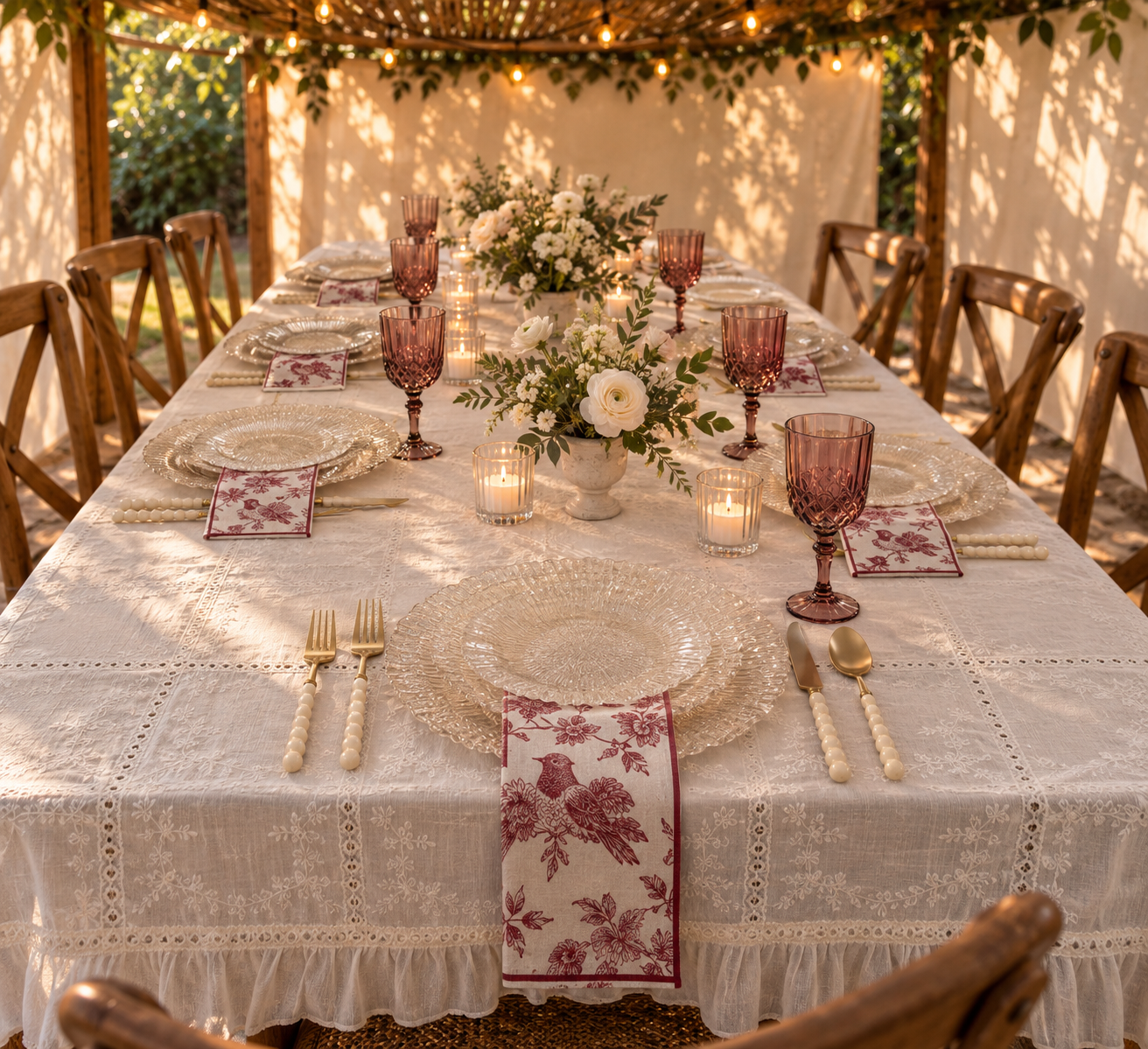 Romantic vintage Sukkos table with lace-edged cream cloth, scalloped glass plates, red toile bird napkins, beaded gold cutlery and mauve goblets