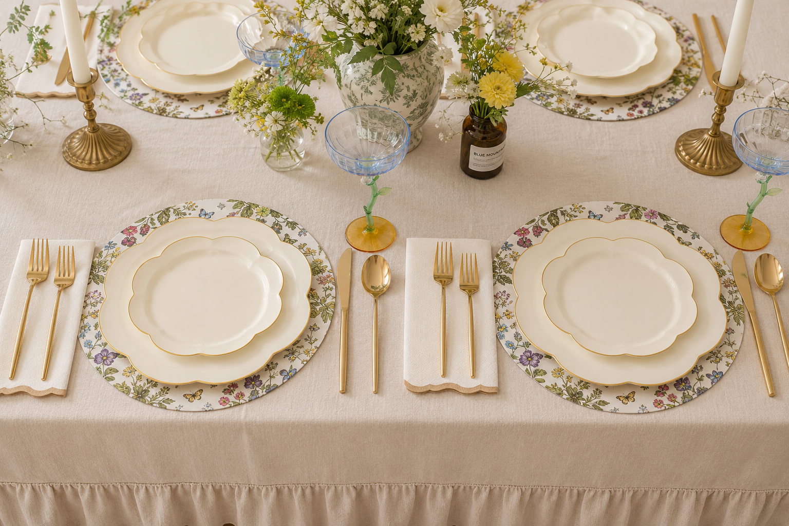 Linen tablecloth with ruffled hem set with playful florals and colourful glassware