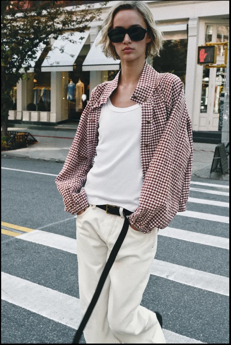 Check jacket in ecru and maroon with a pointed collar and button front — Zara