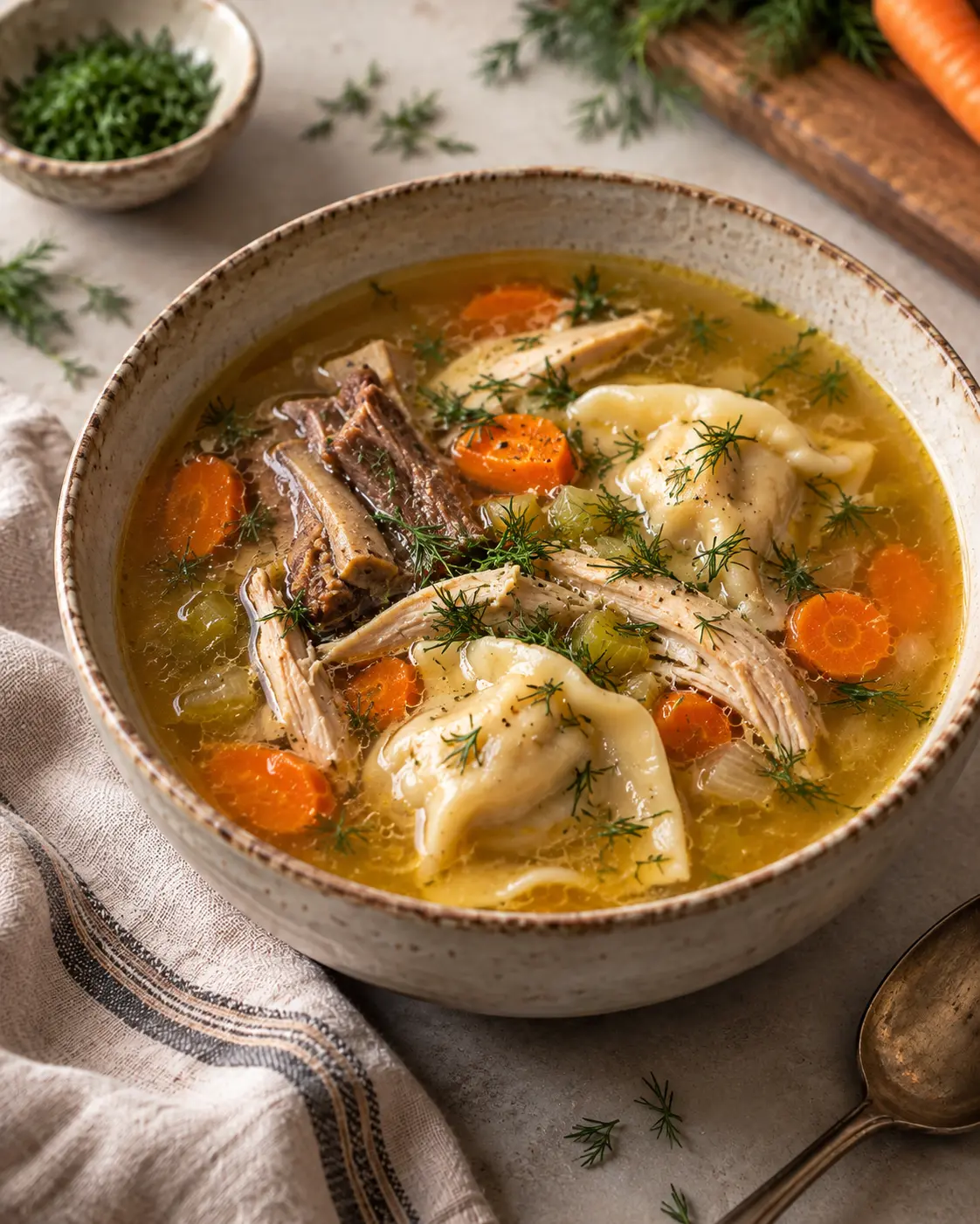 Chicken soup with tender flanken, kreplach, carrots and fresh dill in a stoneware bowl