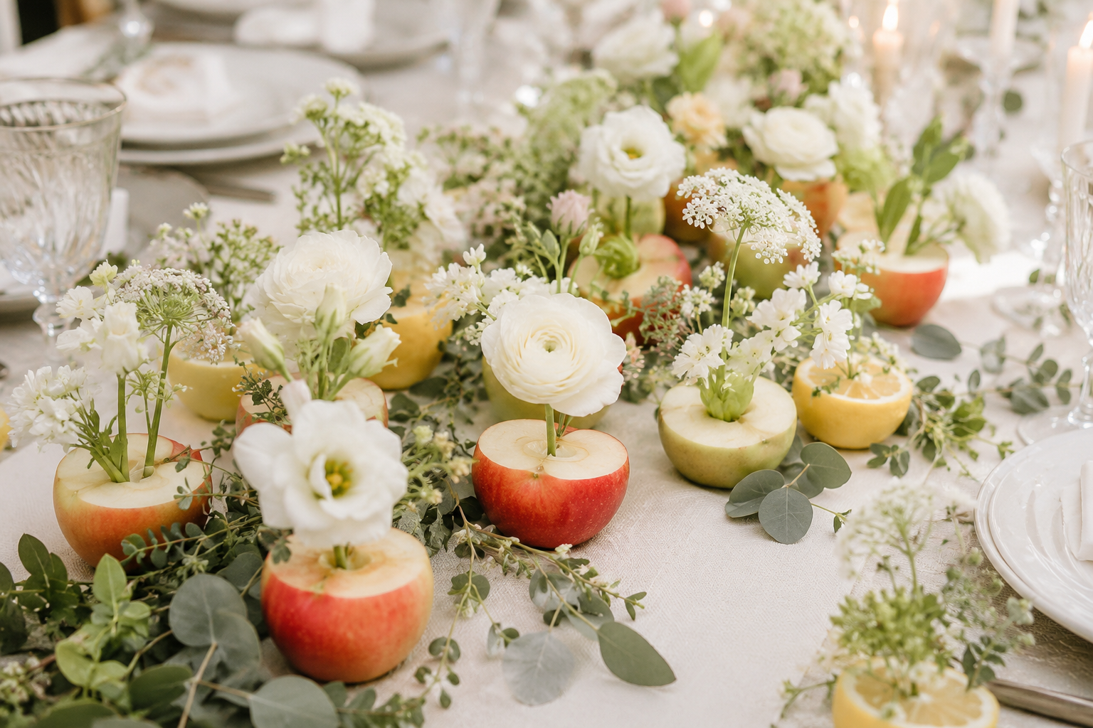Halved apples and lemons used as tiny vases for white ranunculus and wildflowers down a linen table runner
