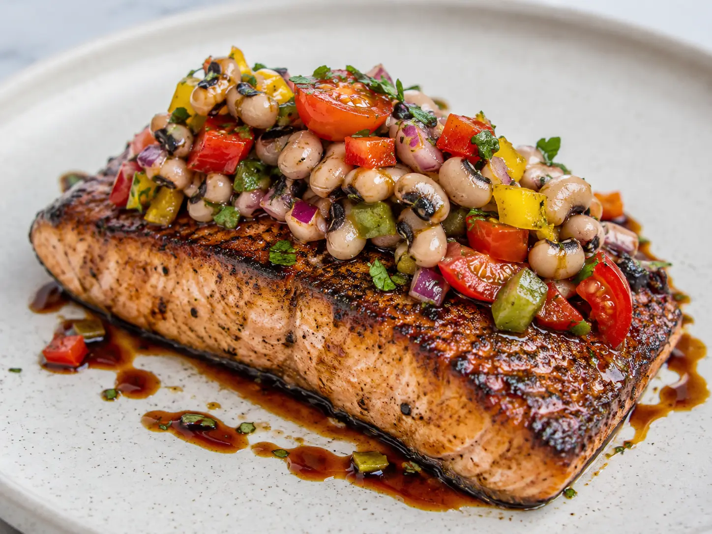 Charred salmon fillet topped with black-eyed pea salsa and balsamic glaze