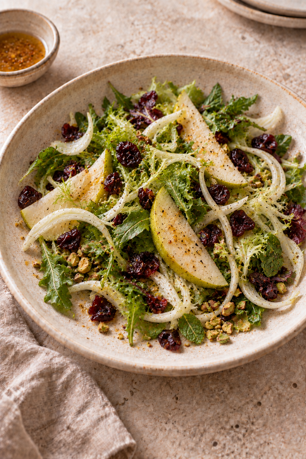 Crisp pear, shaved fennel, pistachios and herbs in a maple-Dijon dressing