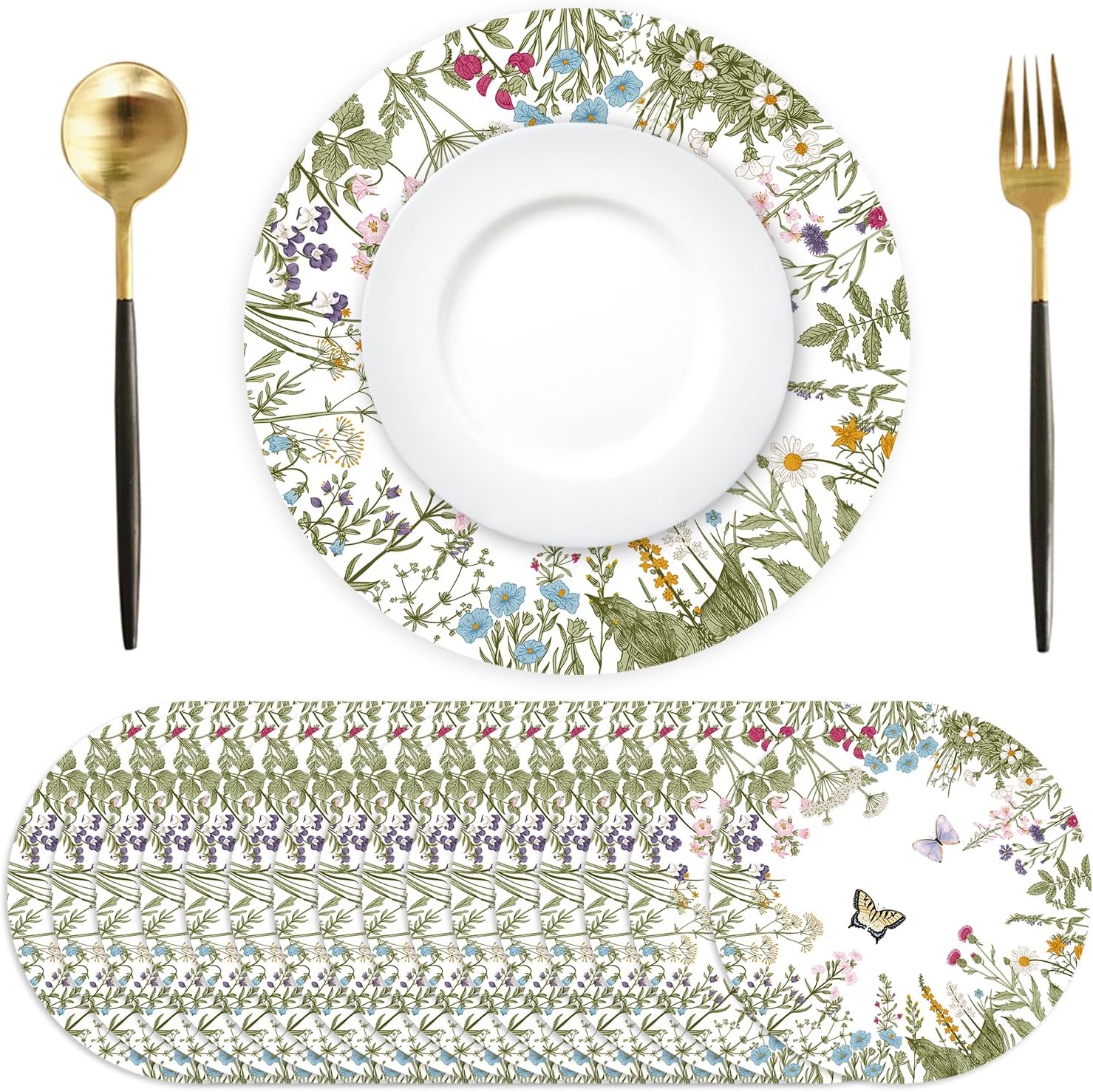 Round vintage wildflower paper placemats with herbs and wild flowers