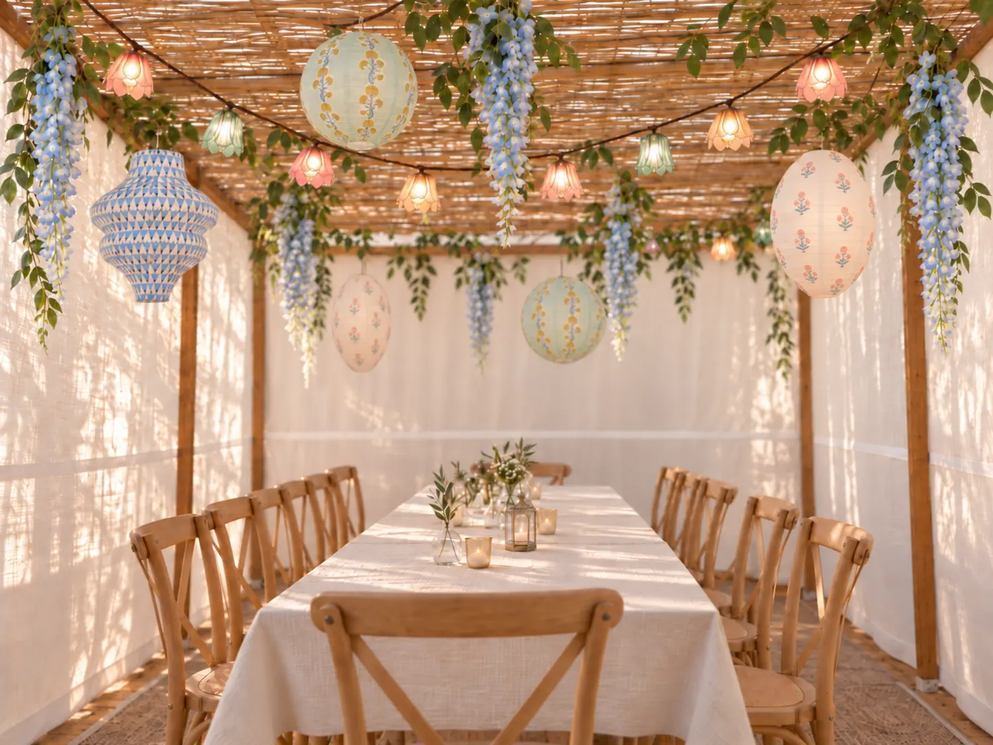 Sun-filled sukkah with pastel printed paper lanterns, cascading blue wisteria and a long linen table set with candles