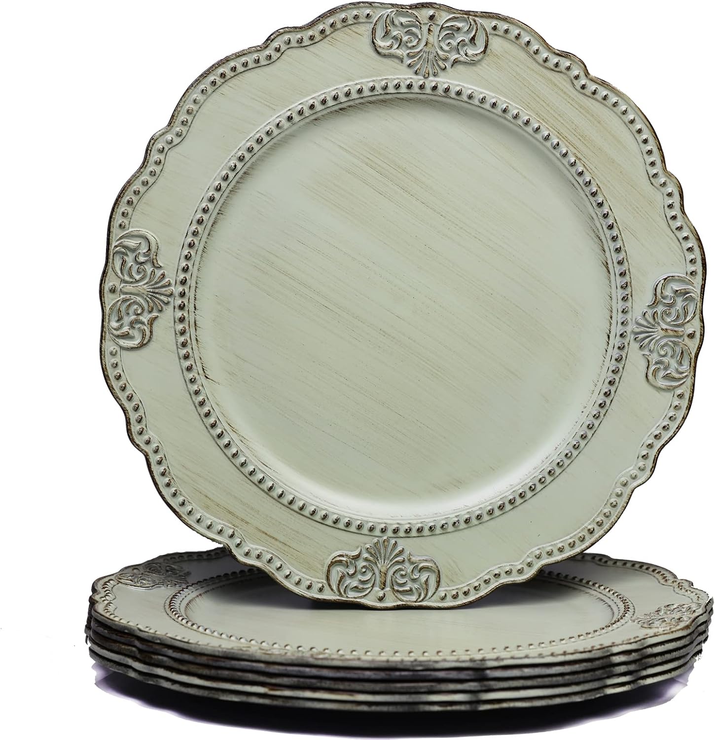Antique light green charger plates with an embossed rim