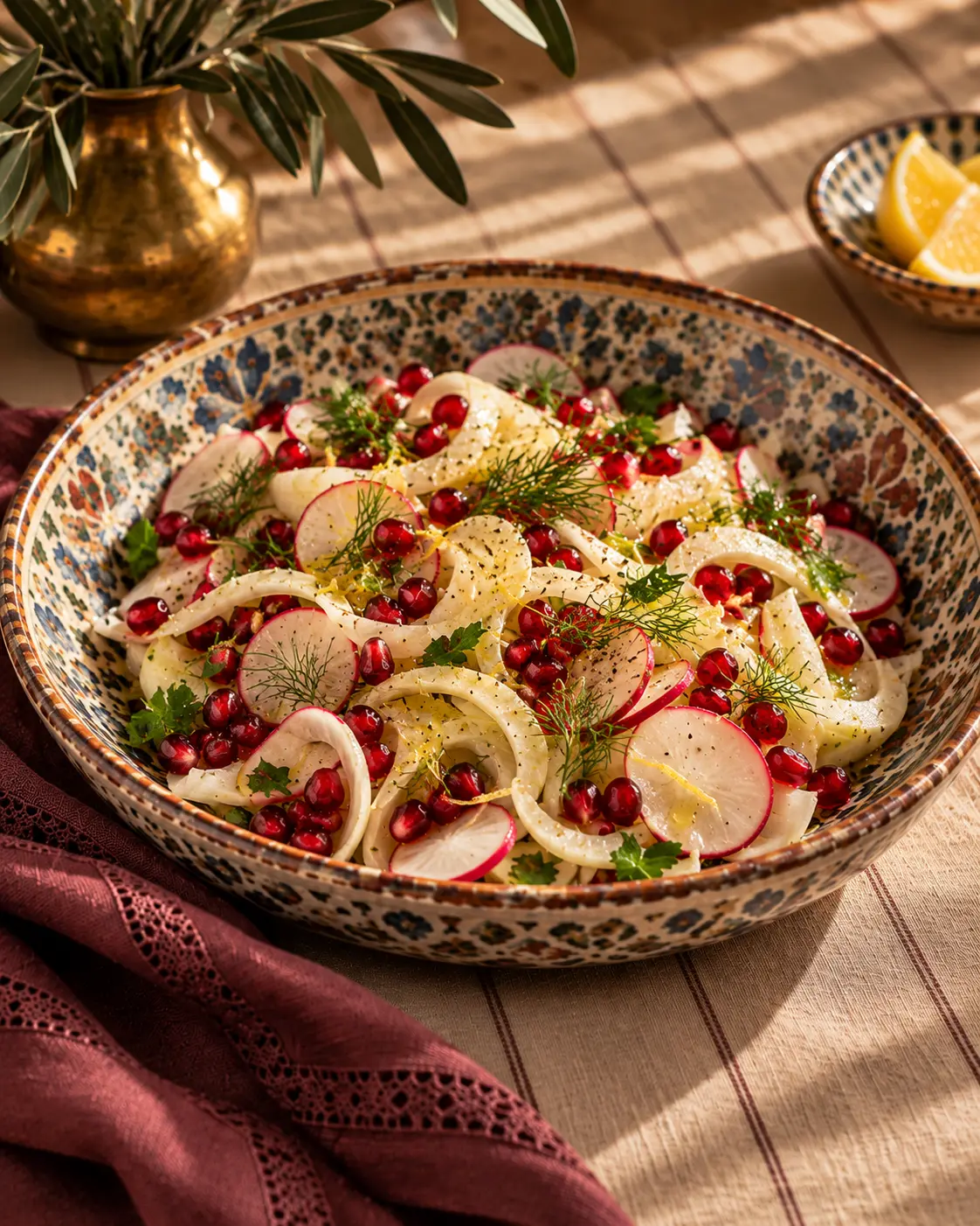 Lemony radish and fennel salad with herbs and pomegranate seeds