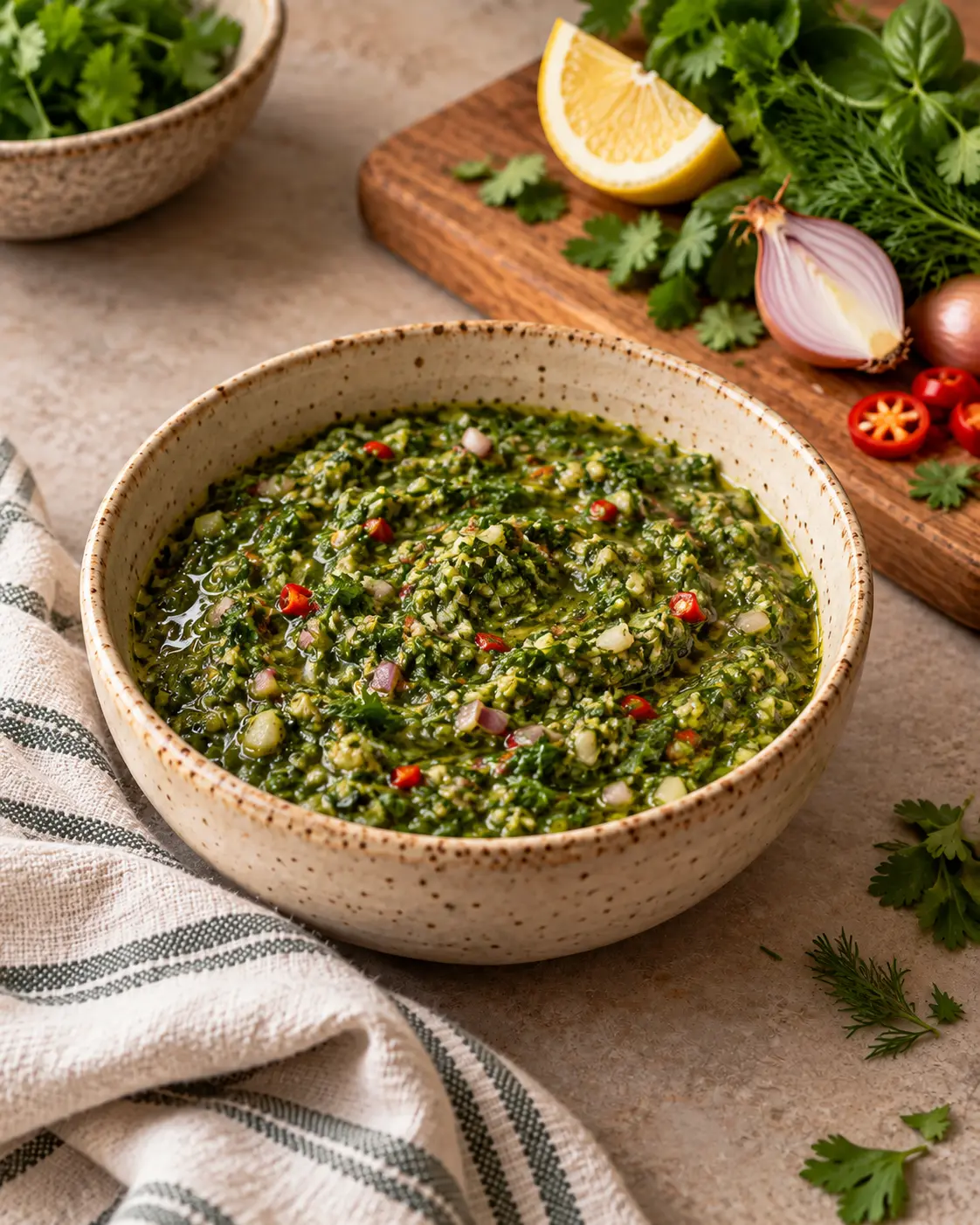 Textured green herb dip with red chili and shallot in a stoneware bowl