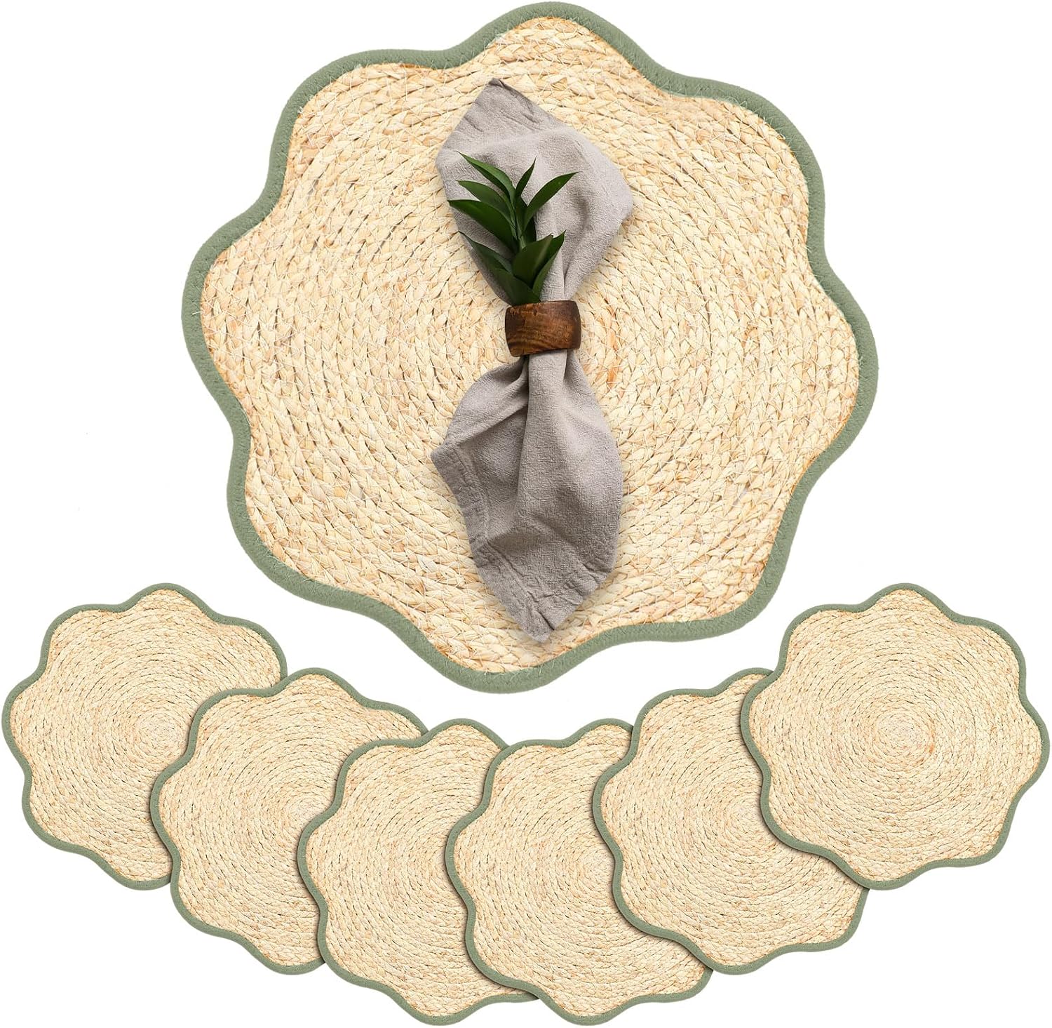 Green handwoven scalloped placemats