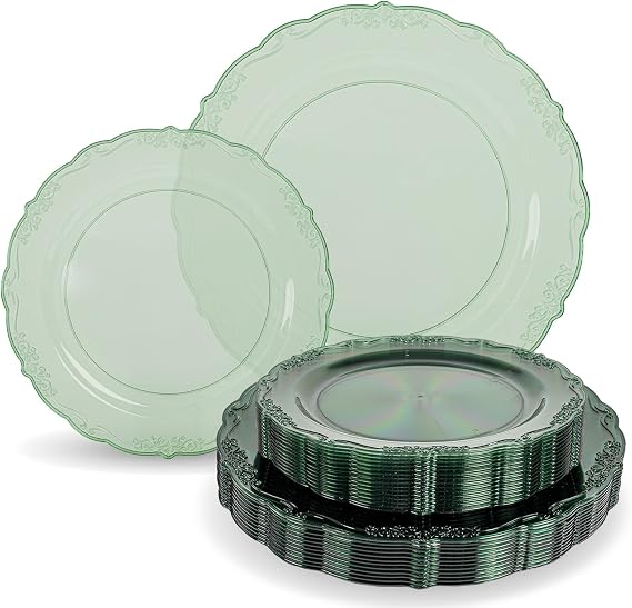 Clear green disposable plastic plates with scalloped edges