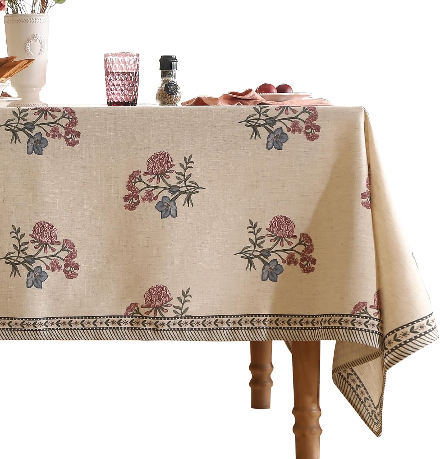 French linen rectangular tablecloth with a vintage floral block print