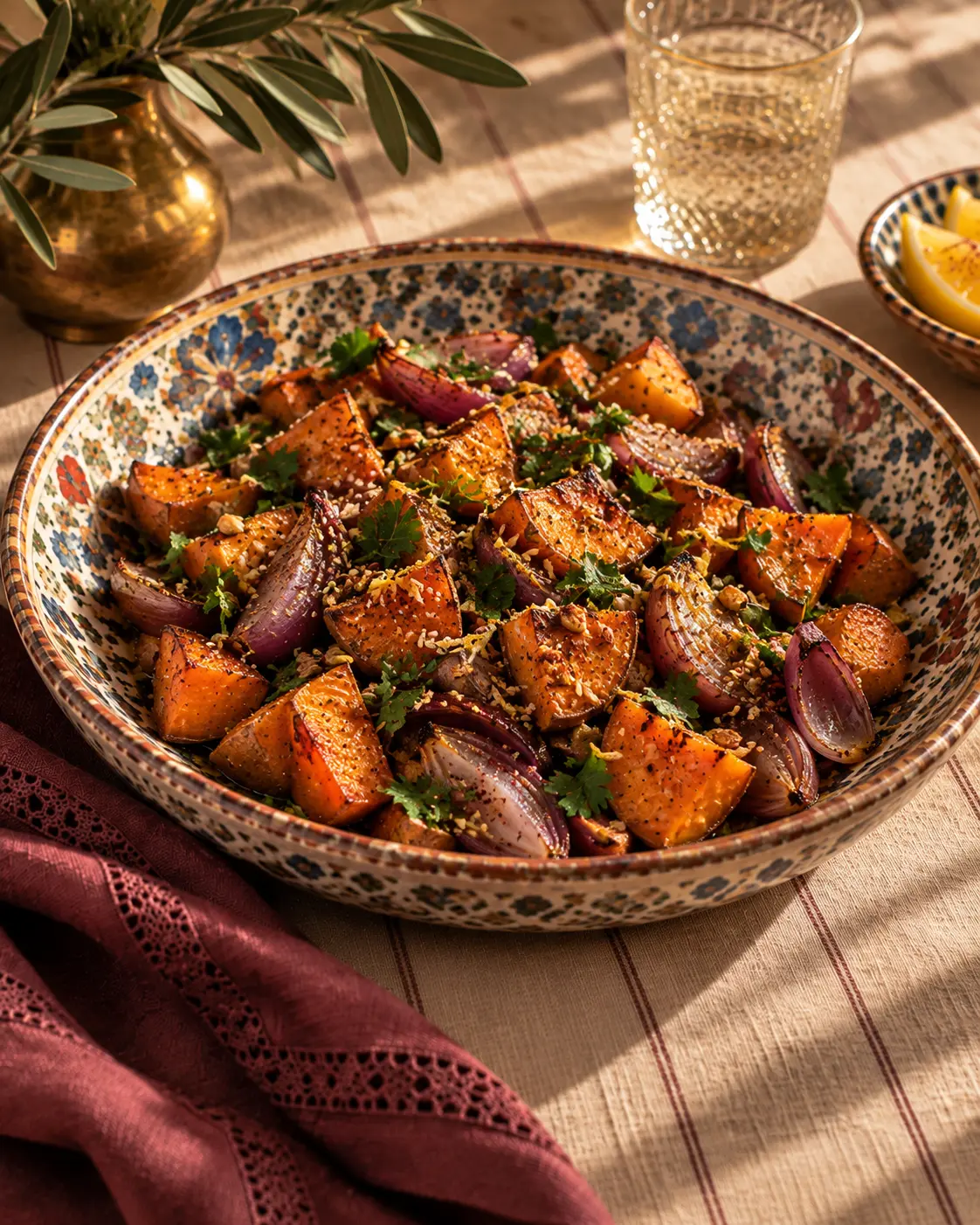 Roasted sweet potato and red onion salad with parsley and toasted sesame seeds
