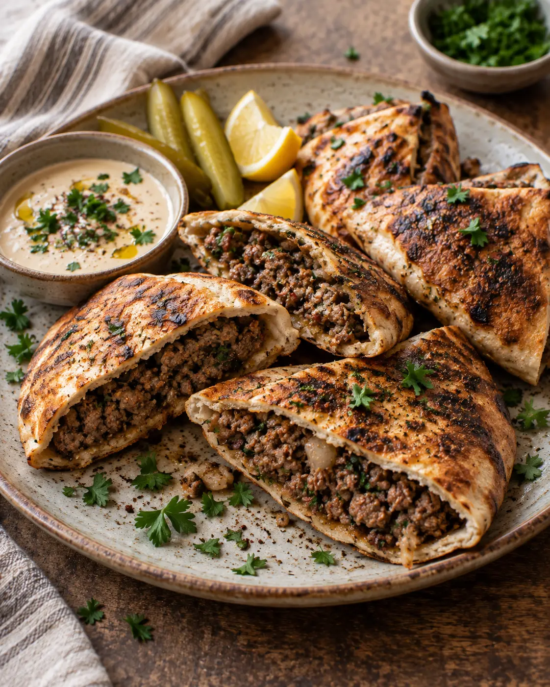 Crisp pita pockets filled with lamb and beef, served with tehina, pickles and lemon