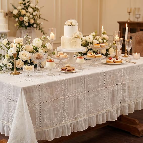 Cream embroidered lace-edged tablecloth