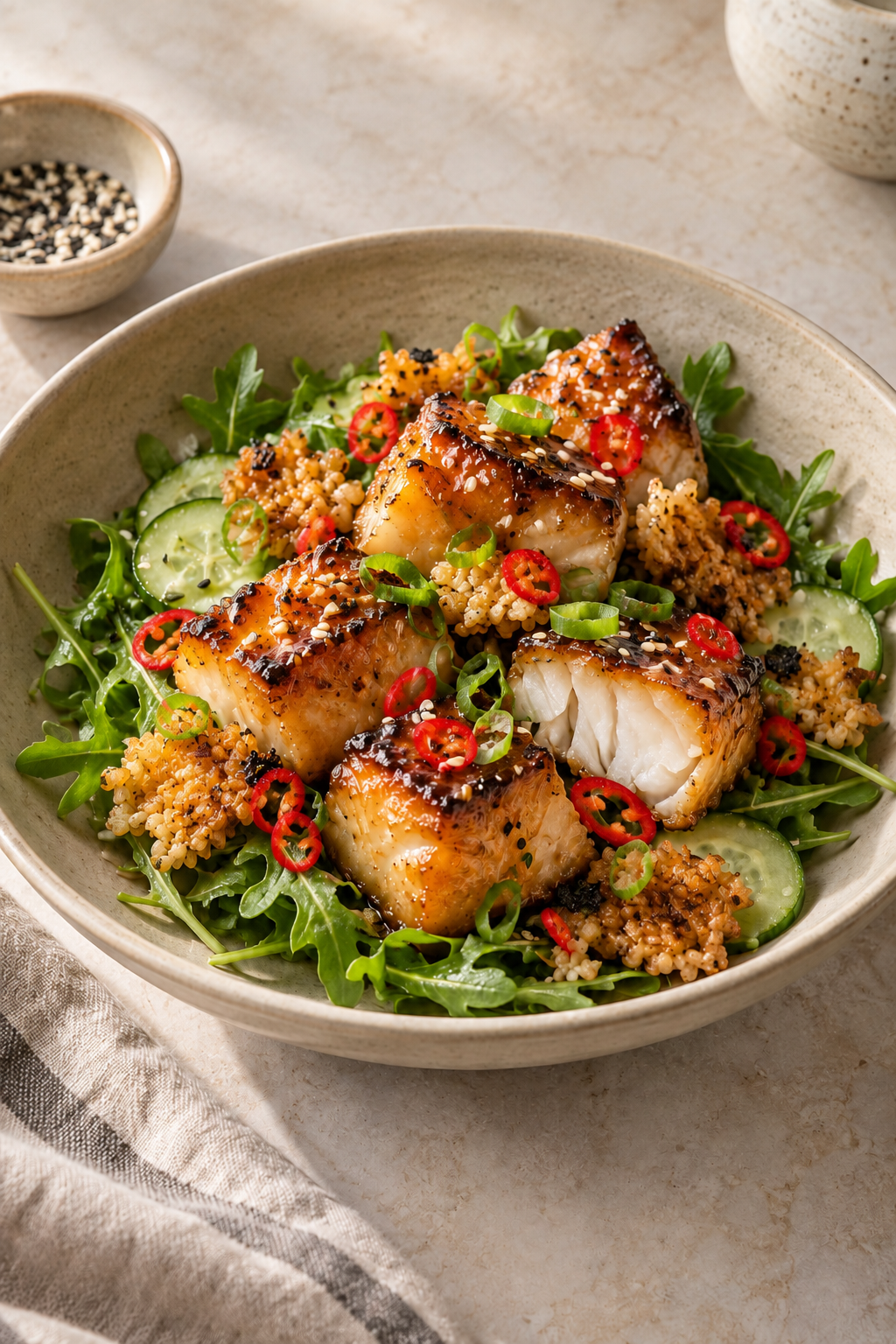 Miso-glazed cod bites over arugula and cucumber salad with crispy rice, scallions and sesame seeds