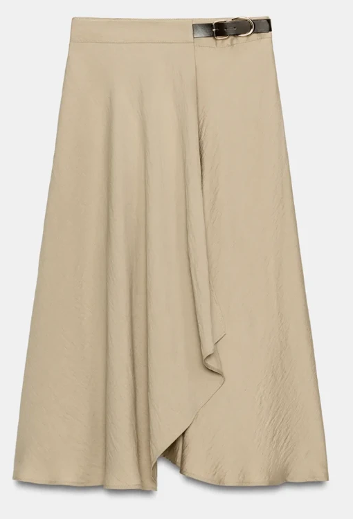 Beige wrap-style midi skirt with a black buckle belt, from Zara