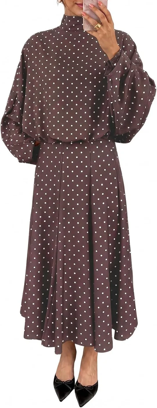 Wenrine Womens 2 Piece Outfits Polka Dots Elegant Tie Fall Maxi Skirt Sets