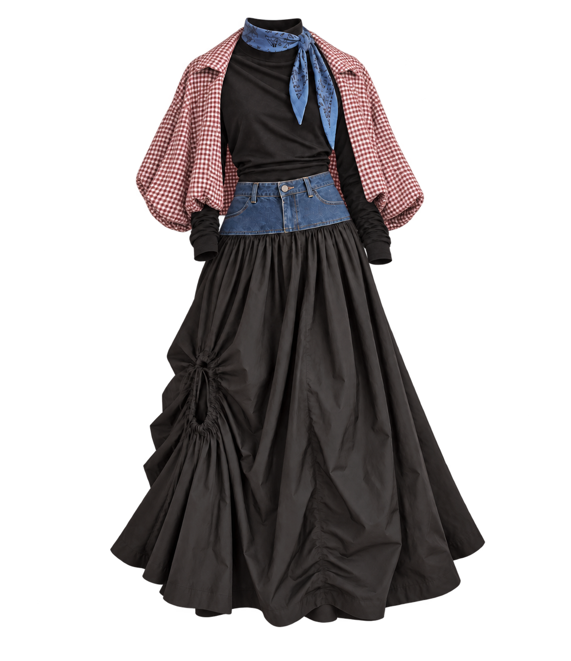 Black long-sleeve top with a denim-yoke skirt, blue scarf, and a red-and-white gingham cape jacket draped over the shoulders