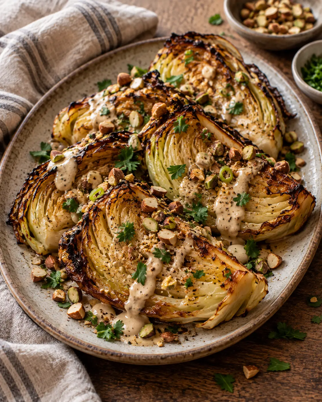 Caramelized roasted cabbage wedges with maple miso tehina, toasted nuts and parsley