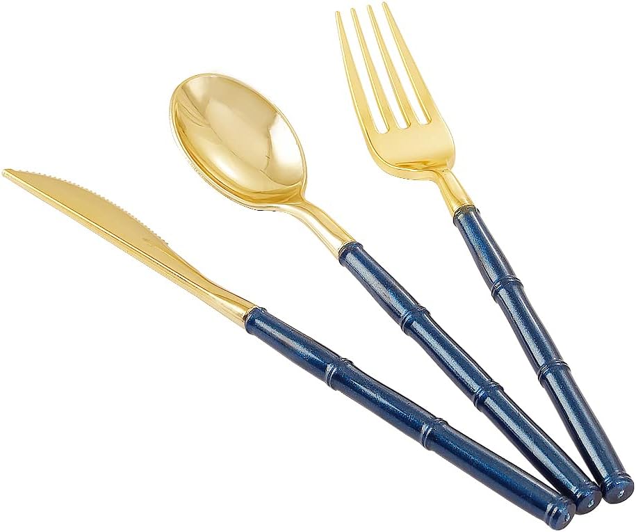 Blue and gold disposable plastic silverware set