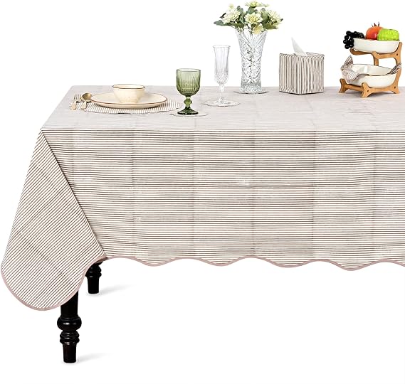 Ridhi oatmeal brown stripe block print cotton tablecloth with scalloped edge