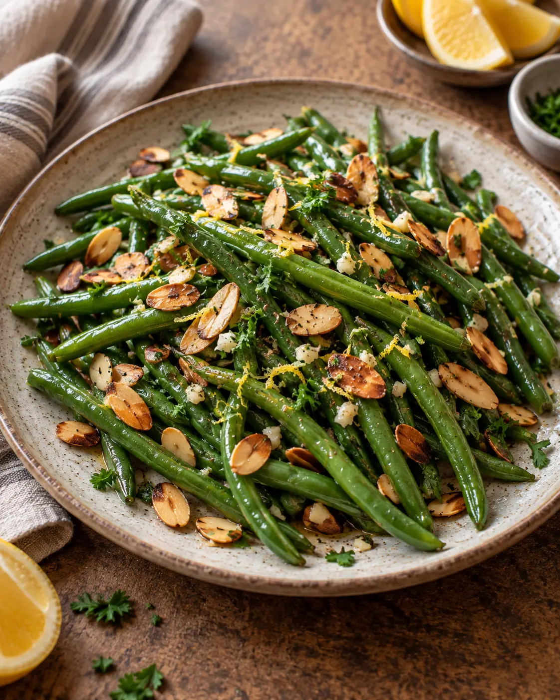 Garlicky lemon green beans topped with toasted sliced almonds, lemon zest and parsley