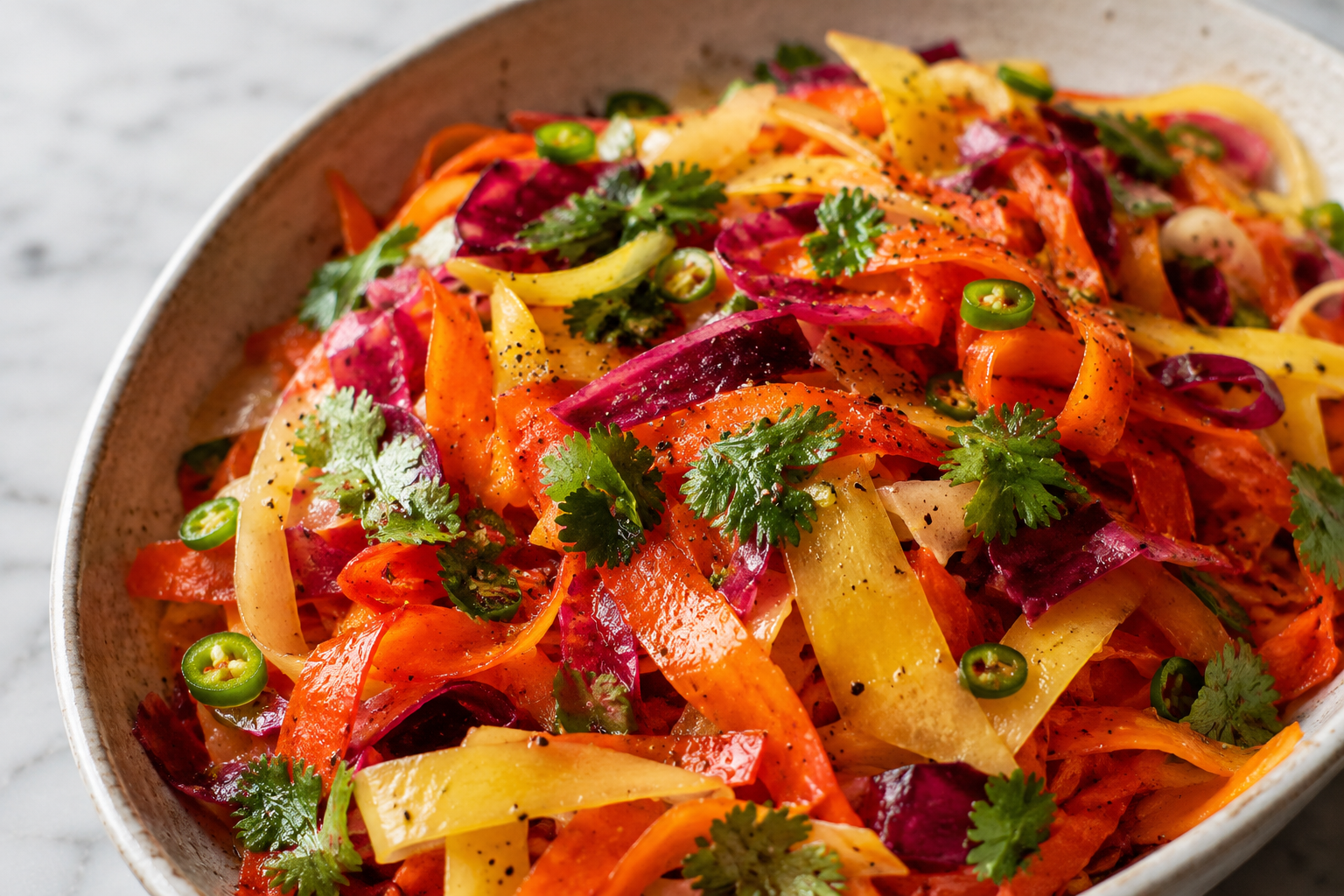 Ribbons of orange, yellow and purple carrot tossed with cilantro and sliced jalapeño