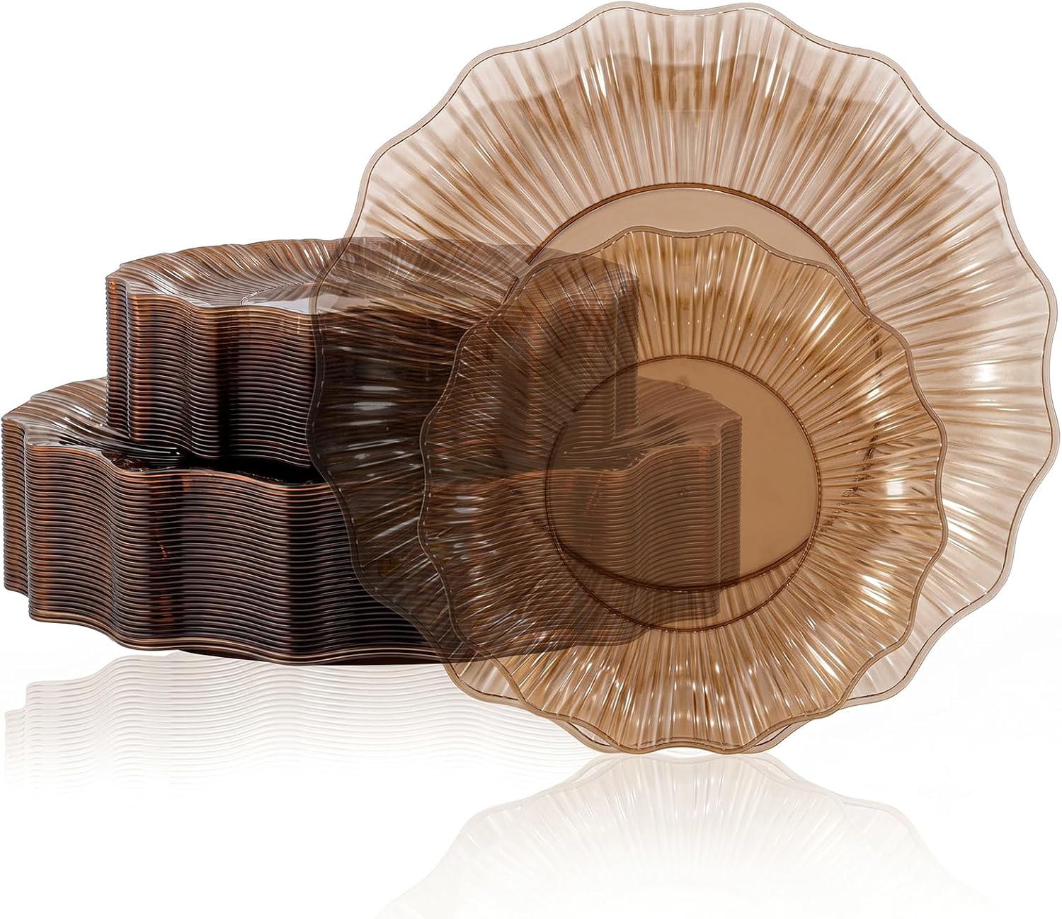 Clear amber scalloped plastic party plates with ruffled edges