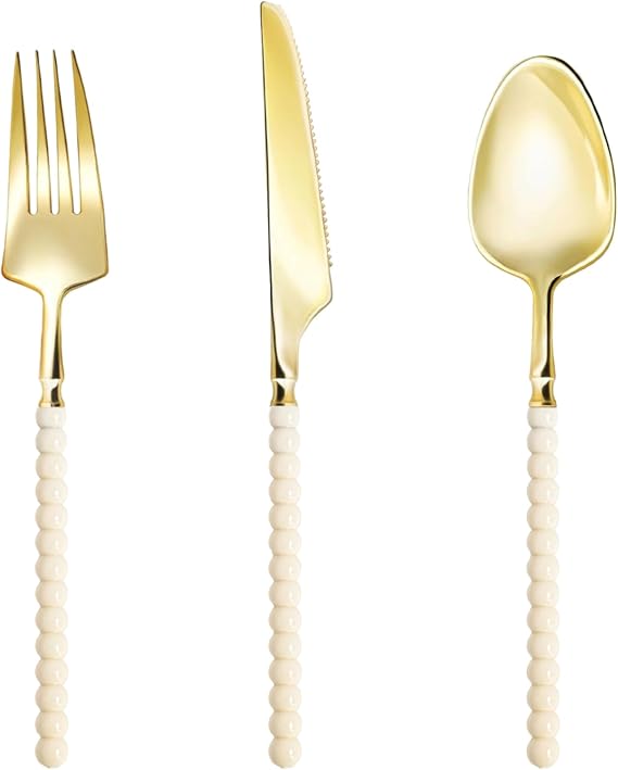 Gold plastic silverware with ivory beaded handles