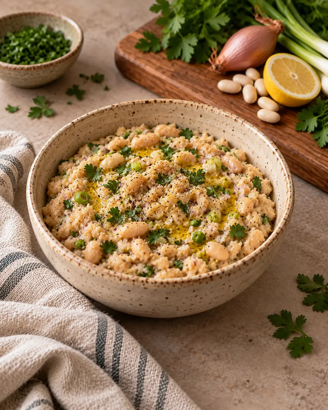 Chunky marinated white bean dip with scallions, shallot, parsley and olive oil