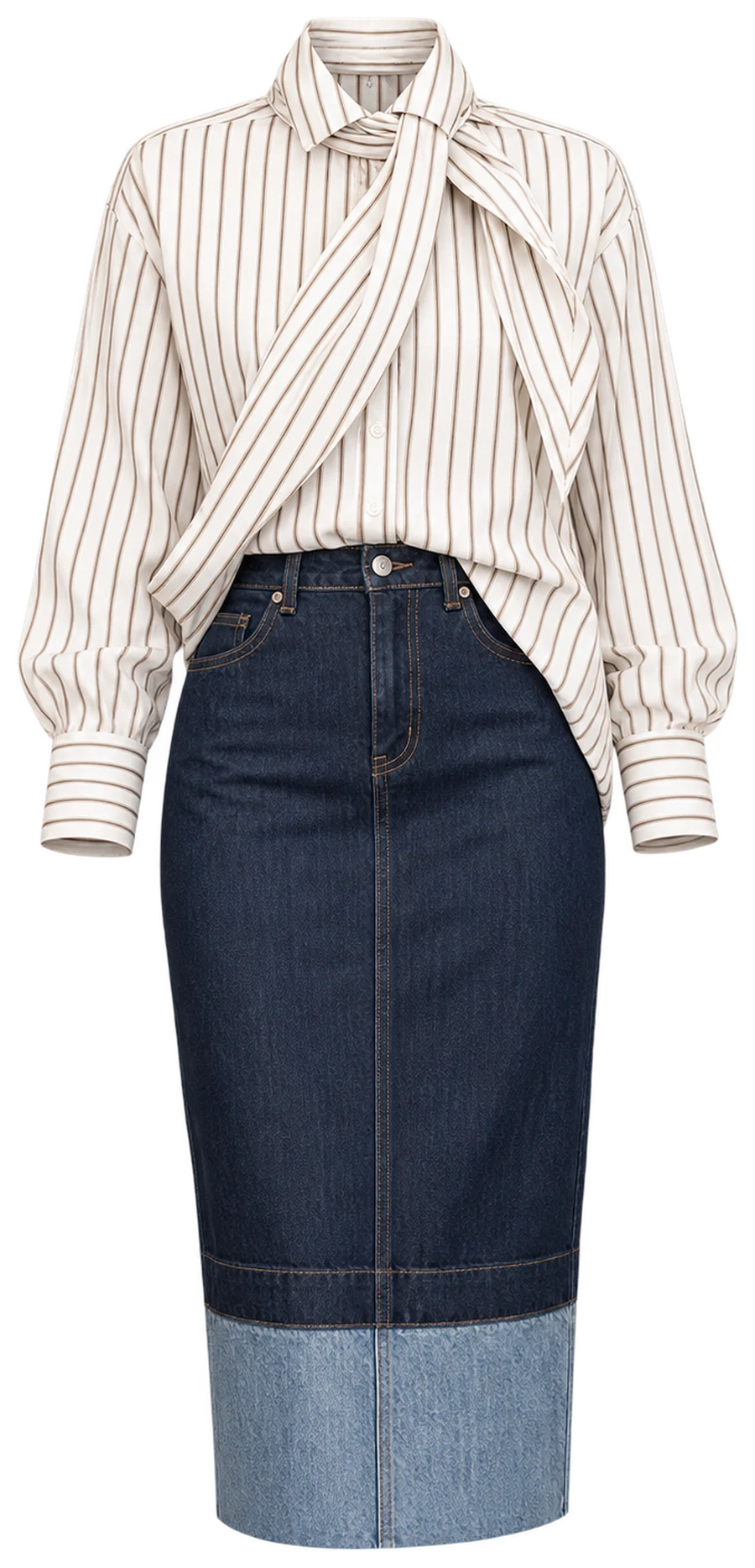 Striped blouse with a two-tone denim midi skirt