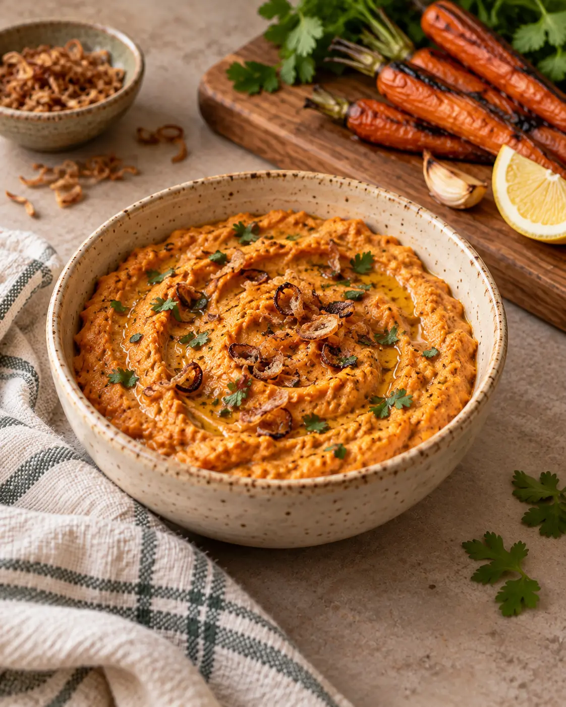 Golden roasted carrot and silan dip topped with crispy shallots and herbs