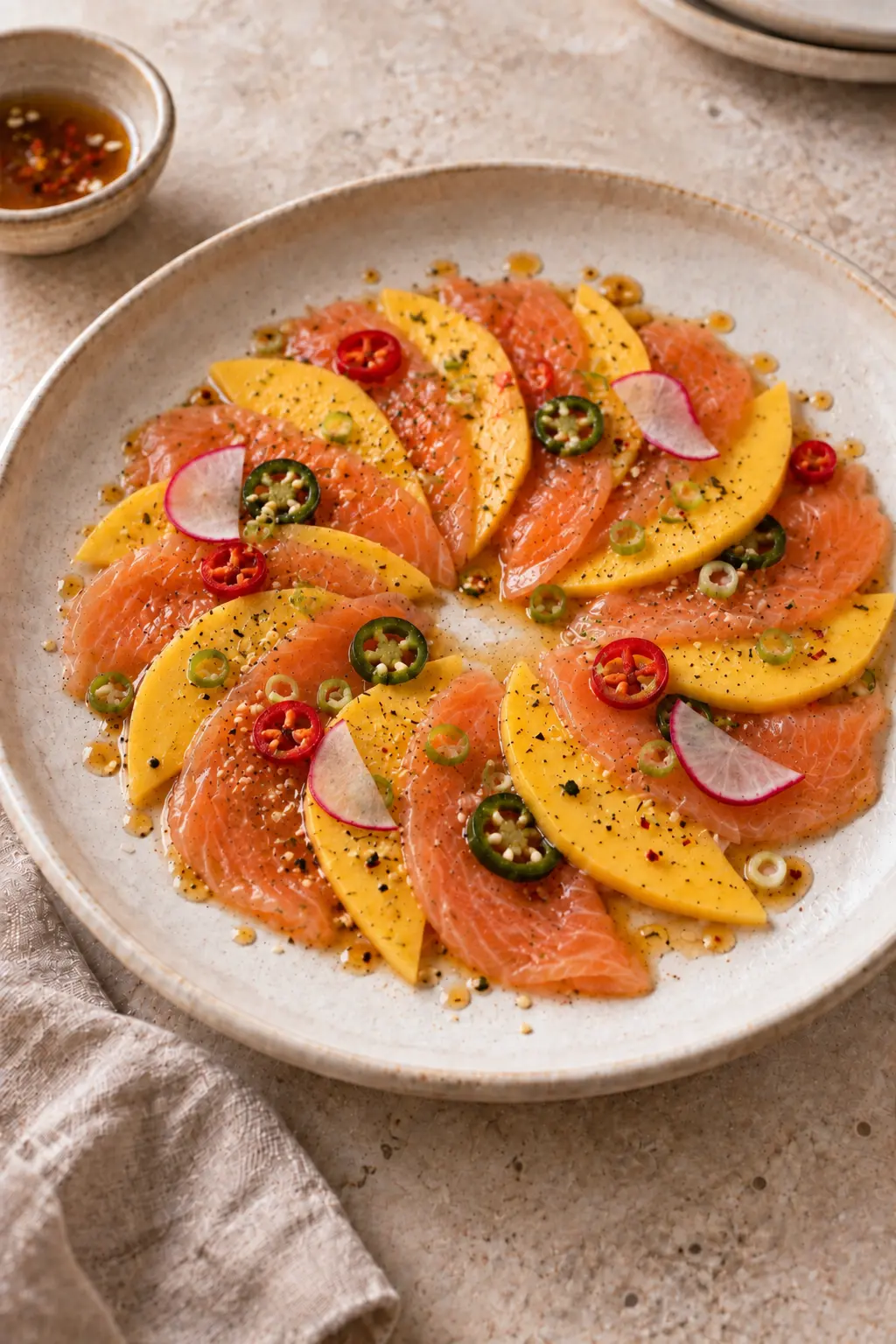 Silky salmon crudo arranged with mango slices, jalapeño rounds, radish and scallions on a pale ceramic platter
